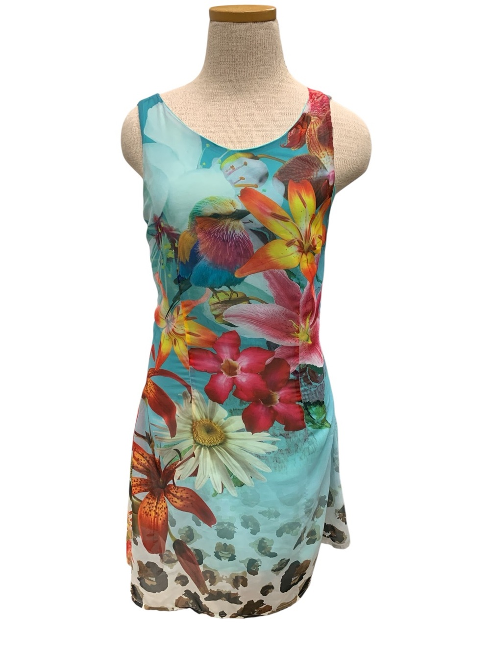 Smash Floral Tropical Print Sleeveless Dress - Turquoise Multicolor Size M